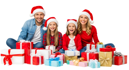 Happy family with two children wearing santa hats and christmas presents, isolated on transparent background