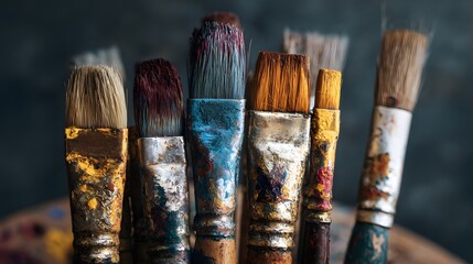 Group of used paintbrushes displays bristles soiled with varied pigments against a muted background