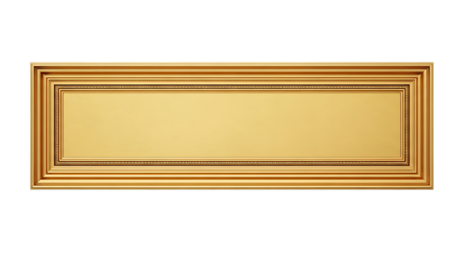 A long, ornate, golden picture frame with intricate detailing, isolated on a transparent background