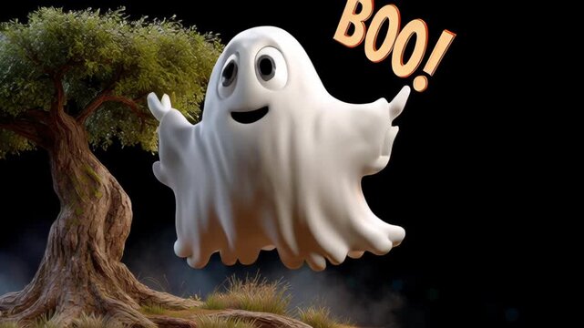 A playful ghost surprises by a spooky tree.