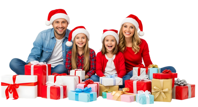 Happy family with two children wearing santa hats and christmas presents, isolated on transparent background