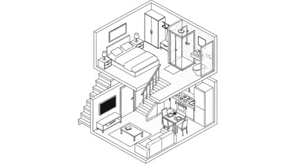 High-Quality Black Line Art of Duplex Apartment Layout, Isometric Interior with Staircase, Two Floors, Bedrooms, Living Areas, Kitchen, and Bathroom