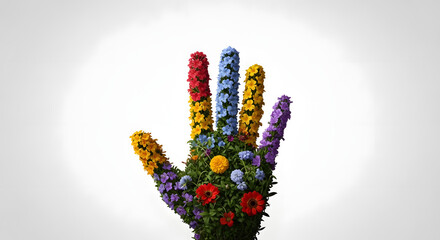 Human hand growing colorful flowers, artistic surreal concept