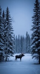 Majestic Moose Stands Proudly Amidst Snowy Forest Winter Wildlife Scene Isolated on Transparent Background