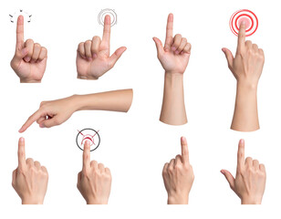 Hand gestures, isolated on black, with fingers pointing, touching, and pressing invisible interfaces or screens