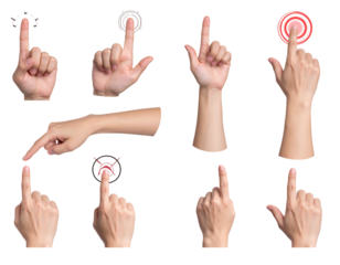 Hand gestures, isolated on black, with fingers pointing, touching, and pressing invisible interfaces or screens