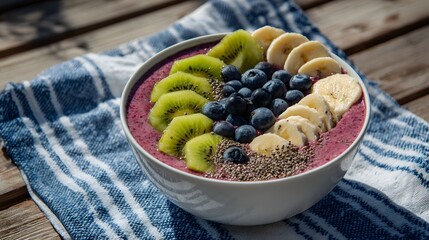 Vibrant fruit loaded smoothie bowl rests on a striped cloth upon weathered wooden surface under bright sunlight.