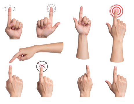 Hand gestures, isolated on black, with fingers pointing, touching, and pressing invisible interfaces or screens
