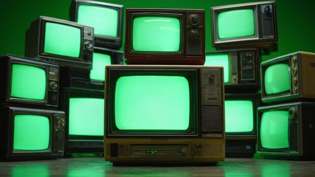 A room of stacked vintage CRT televisions with glowing green screens casting eerie reflections dark