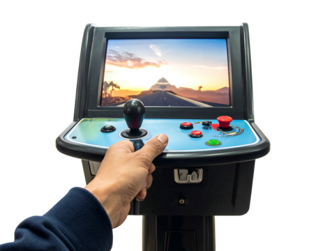 Hand grips a joystick on a blue arcade game machine, with a sunset road screen against a black background