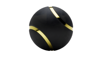 Abstract oval shaped object with textured black surface and golden stripes isolated on transparent background