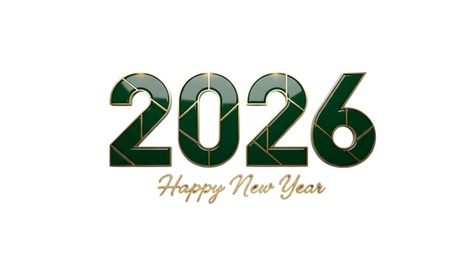 Happy new year 2026 text with a luxurious green and gold design, isolated on transparent background
