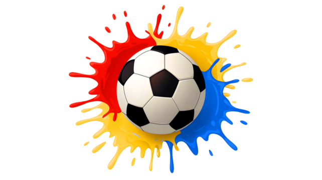 Dynamic soccer ball exploding with vibrant red yellow and blue paint splashes isolated on transparent background - Powered by Adobe