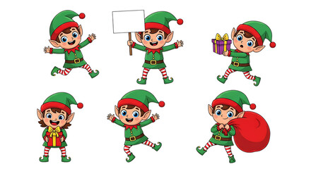 Naklejka premium Collection of six cute cartoon elves in green outfits and red hats, isolated on transparent background, holding gifts and a sack, perfect for christmas and holiday designs
