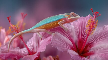 Obraz premium A colorful chameleon, perched on pink hibiscus blossoms, against a soft blurred backdrop