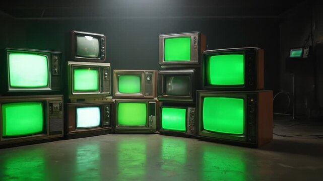 Rows of vintage CRT TVs emit eerie green glow, stacked in a dim, dusty studio maze. and subtle glow
