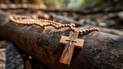 Wooden religious pendant with beads rests upon rough bark texture outdoors