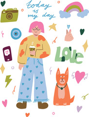 Positive girl with coffee and cute dog surrounded by rainbow, hearts, phone and camera. Hand-drawn doodle vector with “today is my day” and love vibe for lifestyle and stickers.