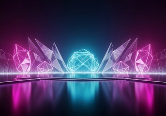 Abstract Neon Geometric Crystal Shapes Glowing Pink Cyan Blue with Reflective Surface Futuristic Backdrop