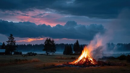 A bonfire blazes brightly under a moody, colorful sky at dusk, with trees and a cabin