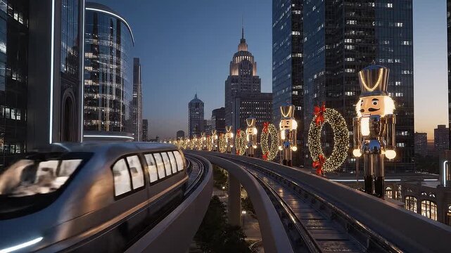 Holiday monorail train travels past festive decorations, city skyscrapers, and nutcracker statues at dusk during the Christmas season for festive video