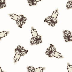 Religious prayer candle seamless vector pattern. Christian home decor background for sunday school bible study. Reflection lit candle all over print. 