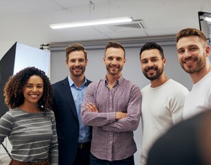 Diverse film crew shooting movie scene on modern soundstage, cinematography equipment
