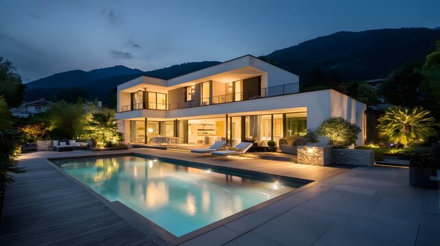 Modern luxury residence glows with interior and exterior illumination against a twilight mountain backdrop - Powered by Adobe