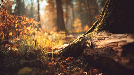 Obraz premium Sunlight filters through dense foliage highlighting the base of a thick tree trunk in an autumnal woodland scene