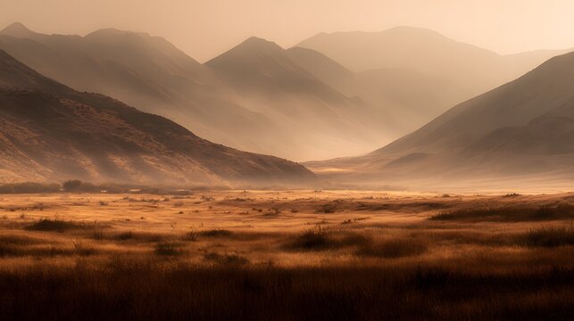 Majestic mountain range looms over a golden, misty valley floor at dawn
