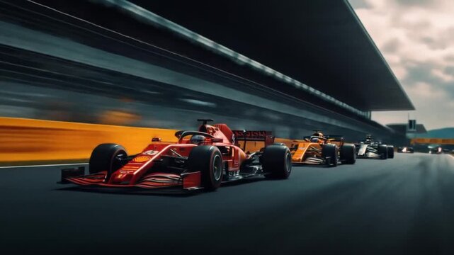Red race car leads a fast pack! on sunlit asphalt; yellow rival stays close behind, intense focused