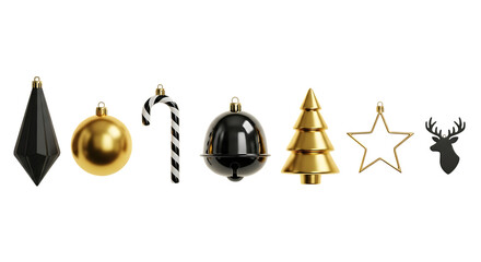 Collection of festive christmas ornaments in black and gold, including a diamond, bauble, candy cane, bell, tree, star, and reindeer head, isolated on transparent background