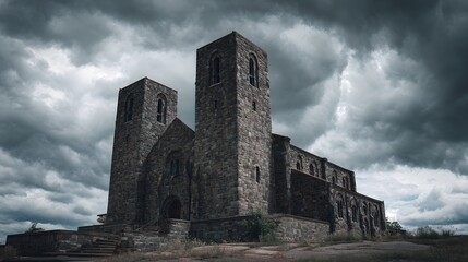 Fototapeta premium Imposing stone ecclesiastical structure stands against a heavily clouded, dark sky