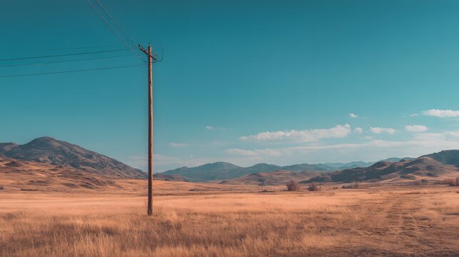 Wooden utility pole stands tall in a vast, arid grassland against a bright blue sky.