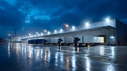 Fototapeta premium Commercial freight trucks are parked at illuminated loading docks of a large distribution center during twilight hours
