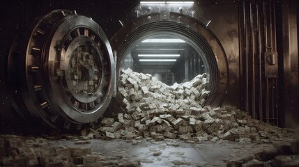 Massive quantity of bundled currency spilling out from an open heavy metallic vault door