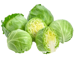 Fototapeta premium Group of green cabbages, one cut open revealing a lighter interior, isolated on a black background