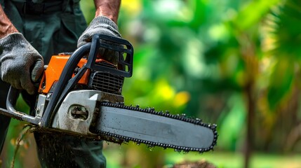 Person wearing protective gloves operates a powerful cutting device outdoors amidst vibrant foliage