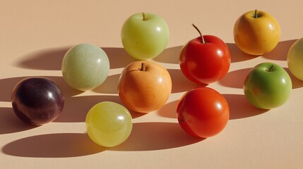 Obraz premium abstract arrangement of fruits on a pastel beige background, simple composition, soft shadows, elegant minimalism, studio lighting.