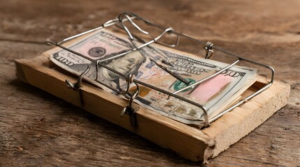 Stack of paper currency sits as bait on a wooden snapping trap