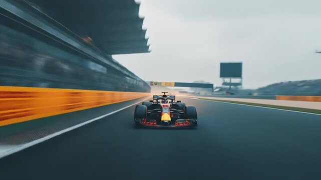 Blurred track scene of a race car speeding through a corner, engines roaring, tires squealing fast!!