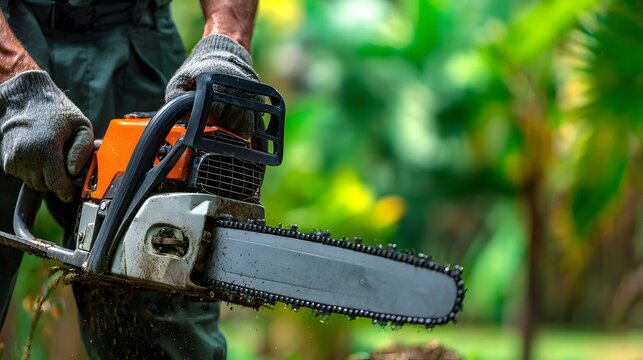 Person wearing protective gloves operates a powerful cutting device outdoors amidst vibrant foliage