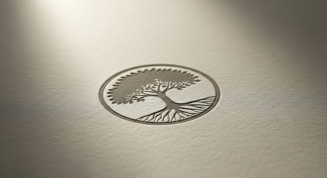 Minimalist tree of life symbol with detailed roots inside an oval, elegantly embossed on a textured paper background for a corporate brand