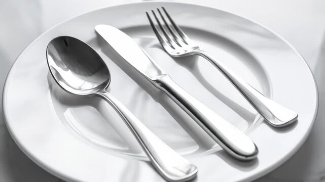 Close Up Of A White Plate With Silver Fork Knife And Spoon Set Up For A Meal In Natural Light