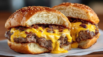 Two stacked burgers with melted cheese, bacon crumbles, sesame seed buns, and beef patties