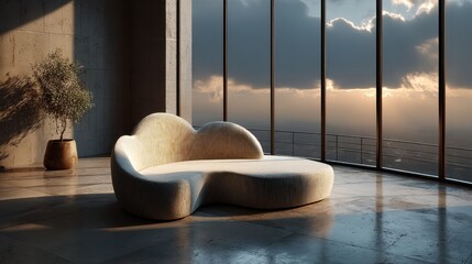 Realistic overhead shot of a cozy cloud couch furniture piece in light gray corduroy fabric sitting low to a polished concrete floor in a modern studio apartment conveying minimalist home decor and ul