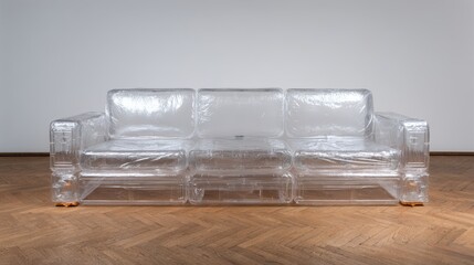 Realistic depiction of a newly unpacked vacuum sealed boneless sofa expanding on the floor of an empty room symbolizing easy move in furniture and the convenience of sofa in a box delivery for urban a