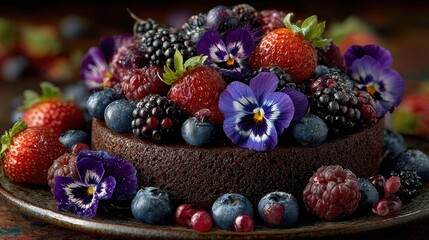 Hyperrealistic studio shot of a perfectly sculpted vegan chocolate cake adorned with fresh berries and edible flowers symbolizing World Vegan Day culinary artistry and the richness of cruelty free des