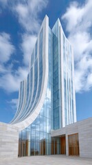 Obraz premium Modern Glass Skyscraper Architecture Featuring Curving Facades and Reflective Windows Under a Bright Blue Sky