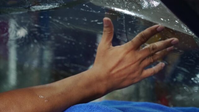 Professional Applying Car Window Tinting Film onto Vehicle Glass